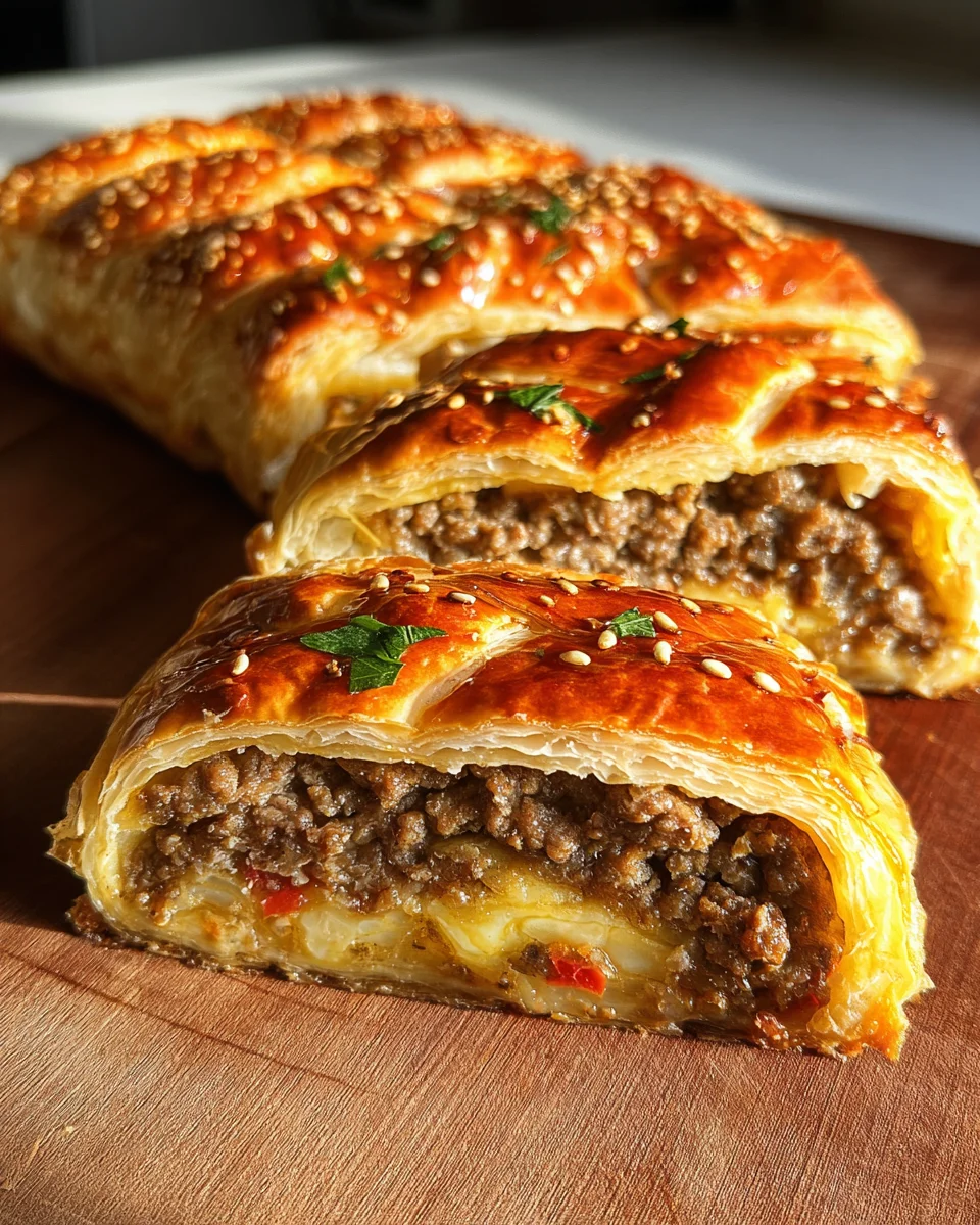 Blätterteig gefüllt mit Hackfleisch und Käse