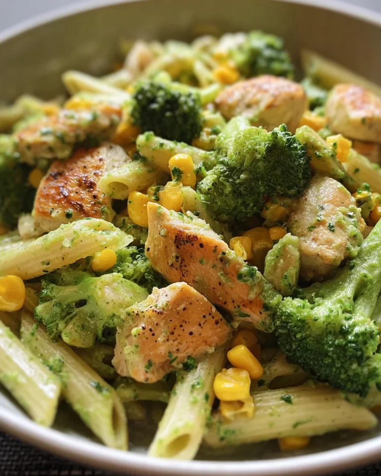 Brokkoli-Mais-Nudeln mit Hähnchen