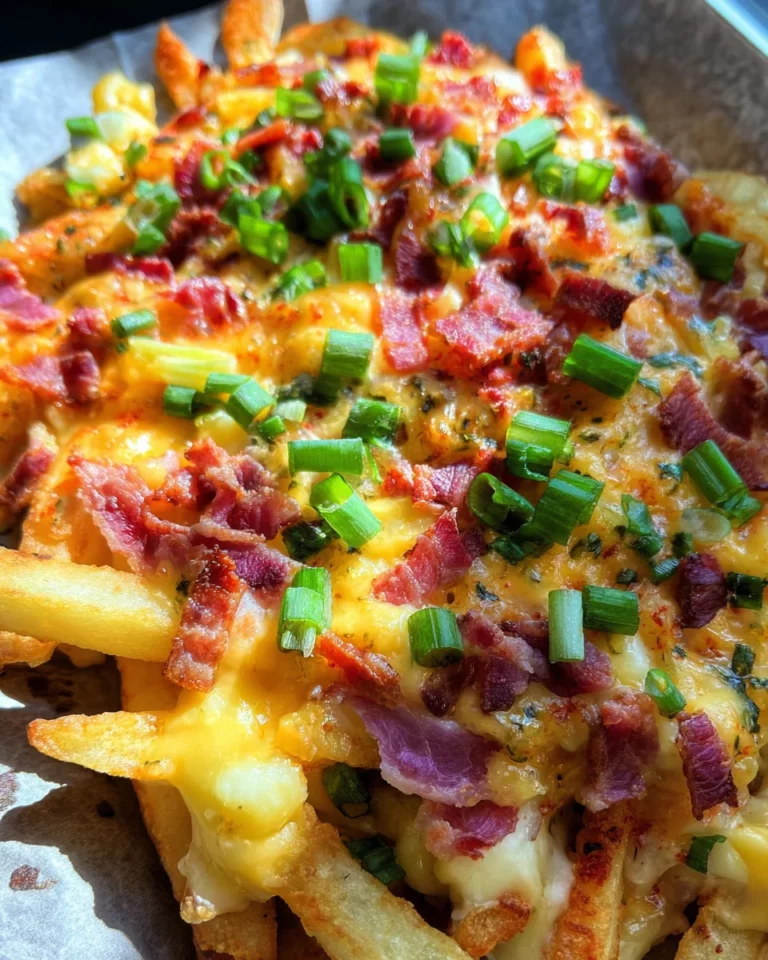 Chili Cheese Fries (Pommes mit Käse und turkey bacon überbacken)