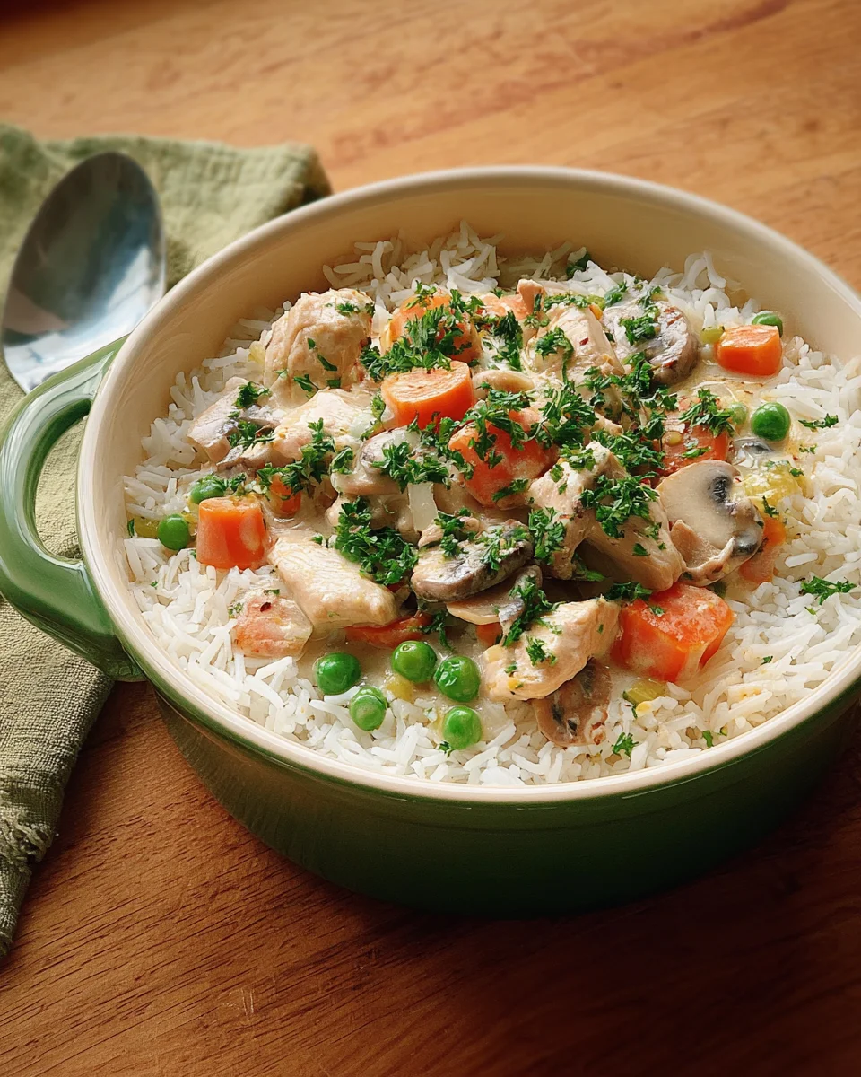 Cremiges Hühnerfrikassee auf Basmatireis