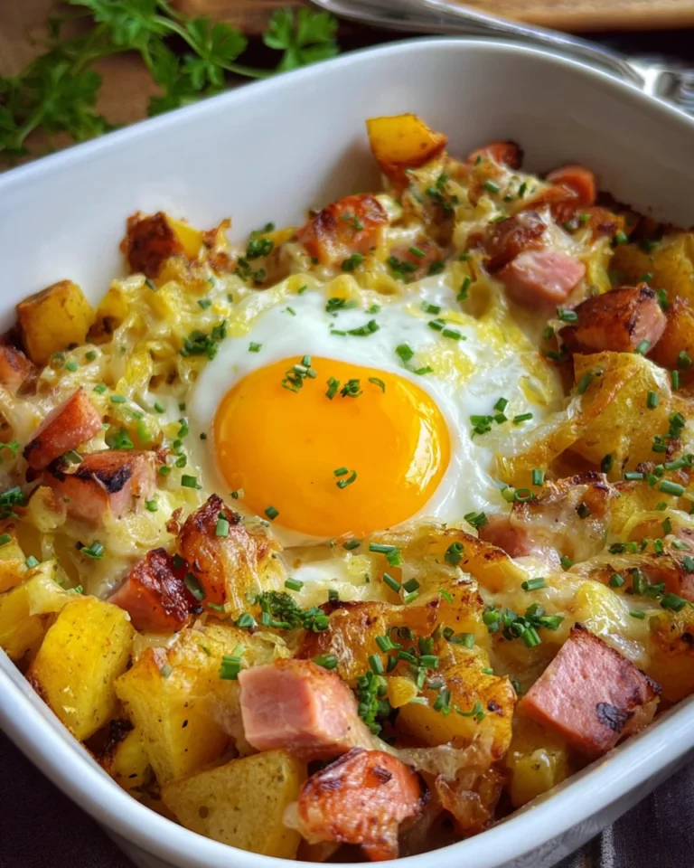 Leberkäse-Kartoffelauflauf mit Spiegelei