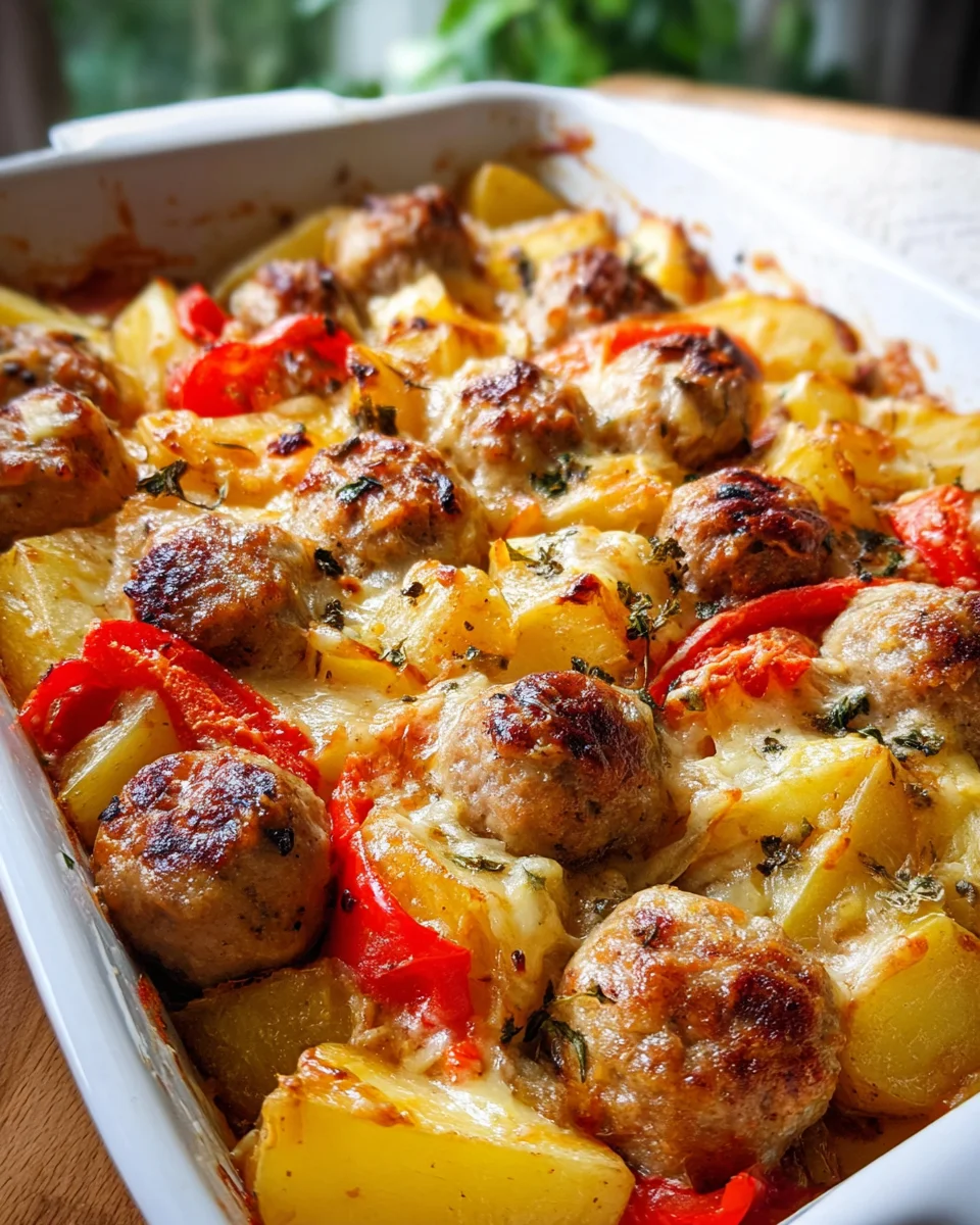 Leckerer Kartoffelauflauf mit chicken bratwurst