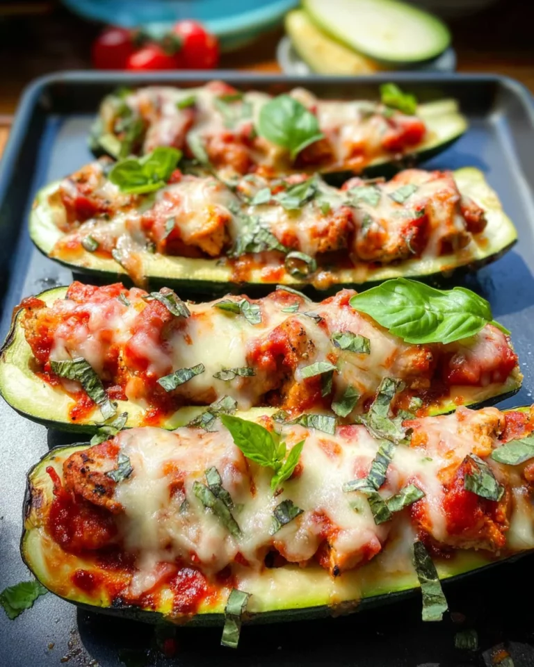 Low Carb Gefüllte Zucchini mit Hähnchen, Tomatensauce und Parmesan