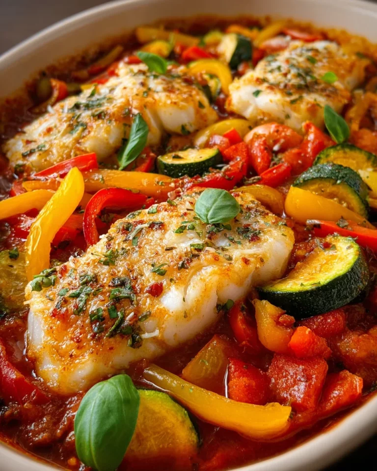 Mediterraner Fischauflauf mit Kabeljau, Paprika & Zucchini