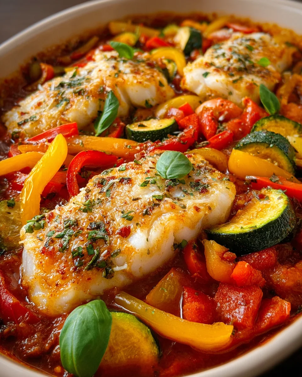 Mediterraner Fischauflauf mit Kabeljau, Paprika & Zucchini