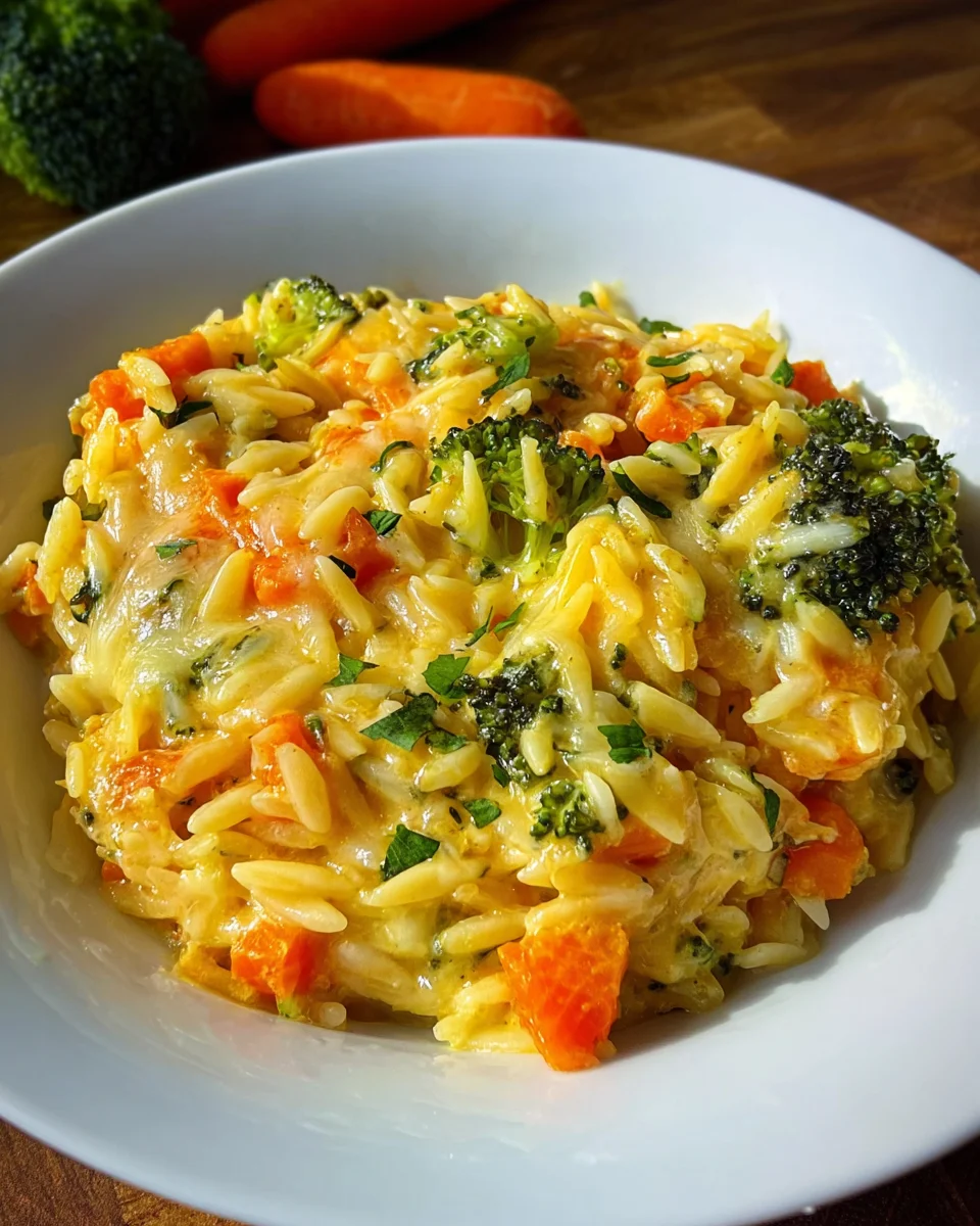 One Pot Orzo-Pasta mit Brokkoli, Möhren und Cheddar