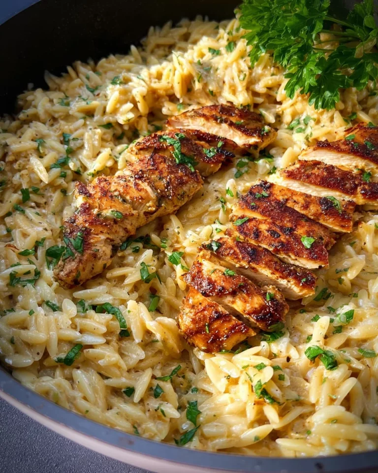 Orzo One Pot Pasta Alfredo mit gebratenem Hähnchen