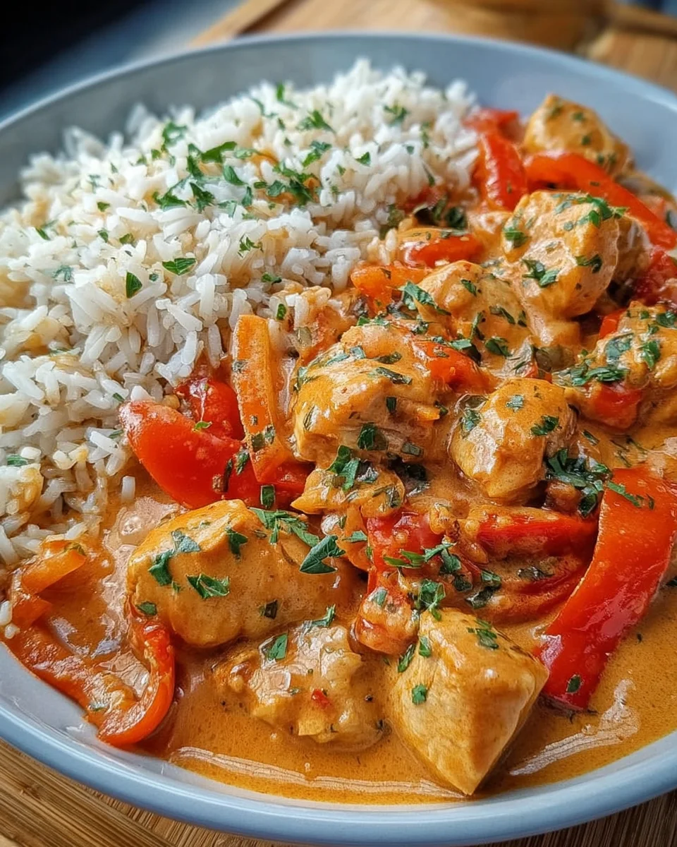 Paprika Sahne Hähnchen mit Reis