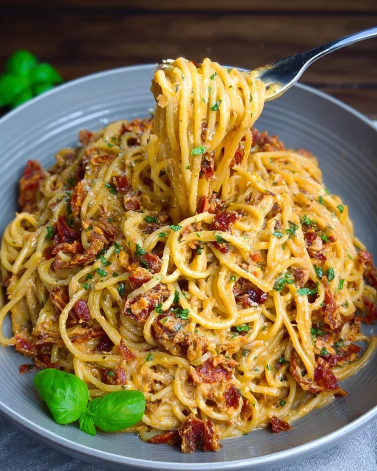 Spaghetti mit karamellisierten Zwiebeln, Speck und getrockneten Tomaten