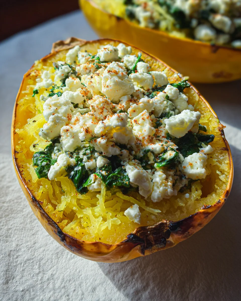 Spaghettikürbis mit Spinat und Feta