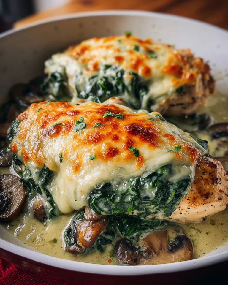Überbackenes Hähnchen mit Rahmspinat uund pilzen