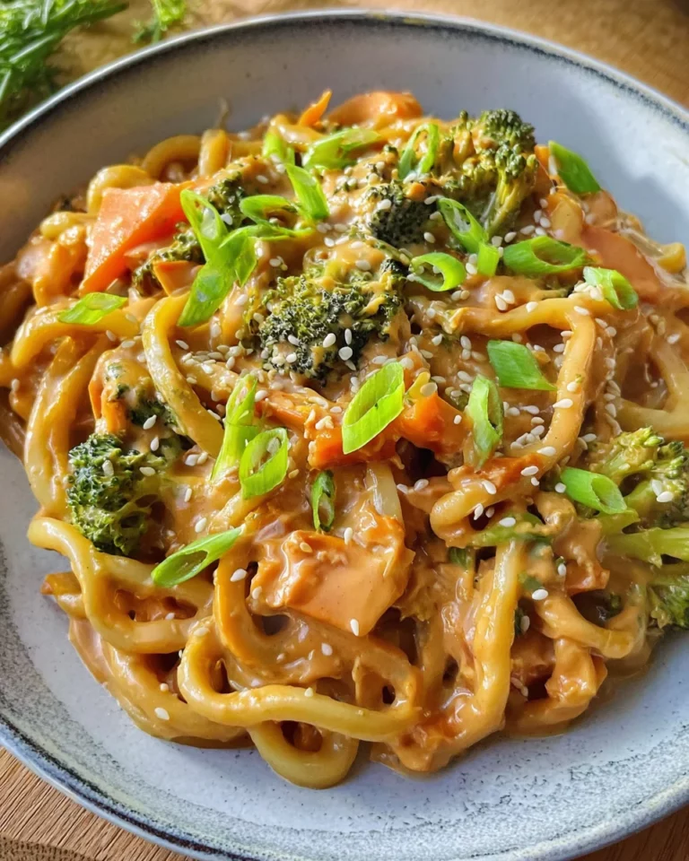 Udon Nudeln mit Erdnusssauce und Gemüse