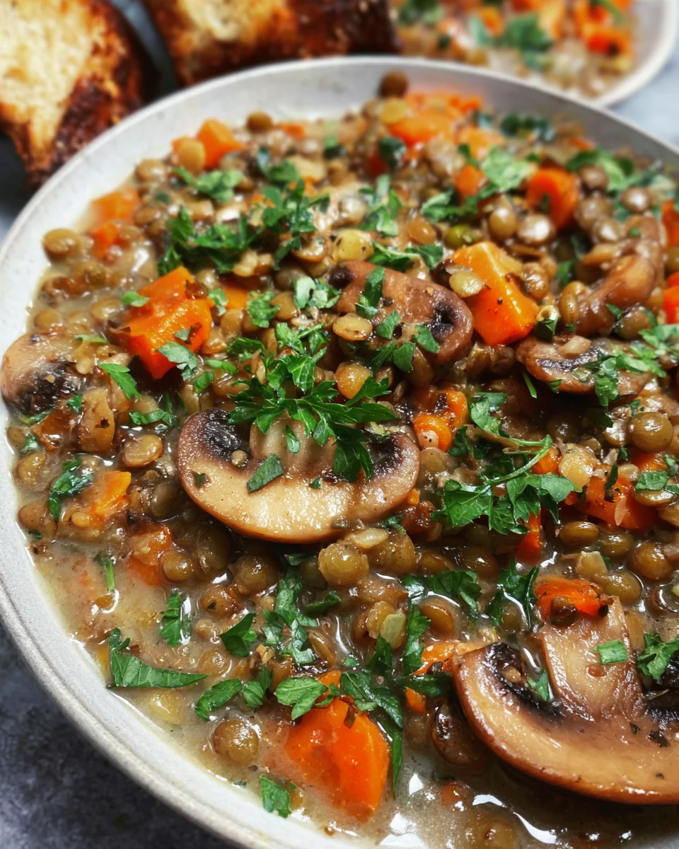 Veganer Linseneintopf mit Champignons und Möhren