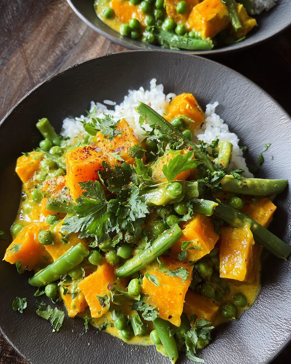 Vegetarisches Kürbis-Curry mit Erbsen (mild scharf)