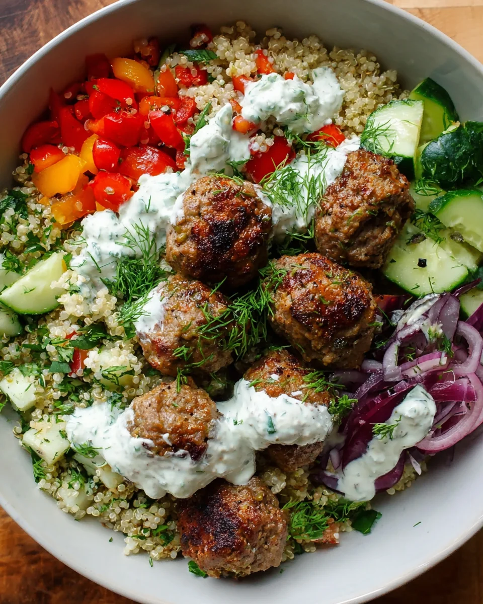 Mediterrane Fleischbällchen-Grain-Bowl mit cremigem Tzatziki