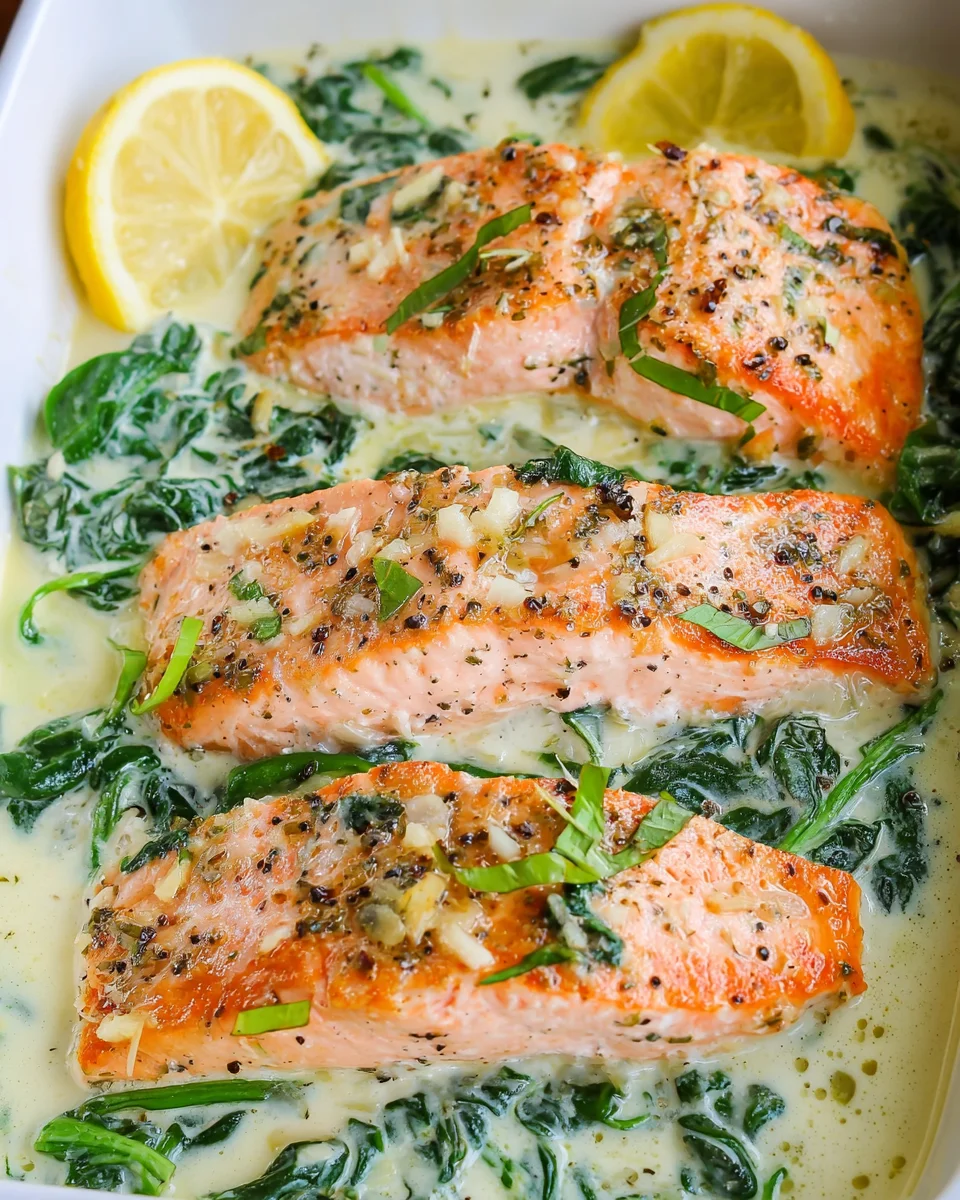 Ofenlachs mit cremigem Spinat