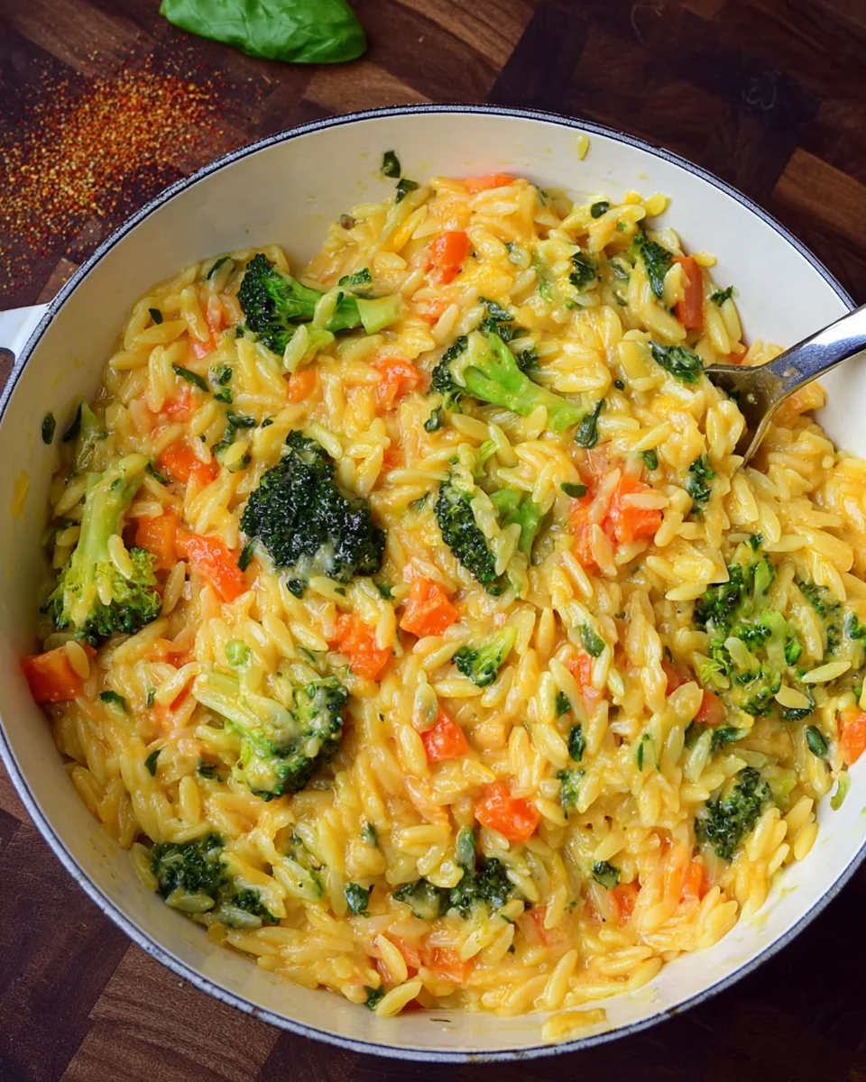 One Pot Orzo-Pasta mit Brokkoli, Möhren und Cheddar