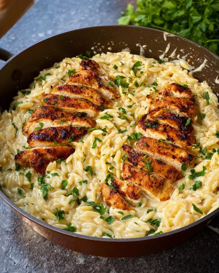 Orzo One Pot Pasta Alfredo mit gebratenem Hähnchen