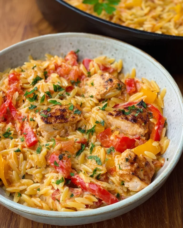 Paprika Sahne Hähnchen mit Orzo Nudeln aus dem Ofen