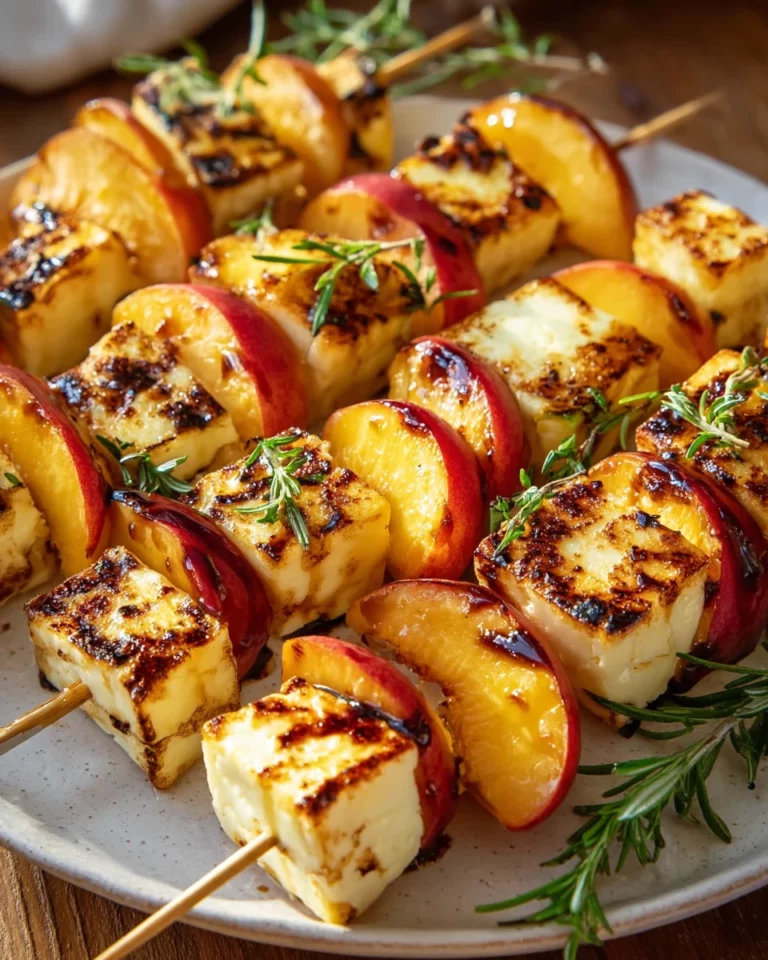 Sonnige Pfirsich-Halloumi-Rosmarin-Spieße vom Grill