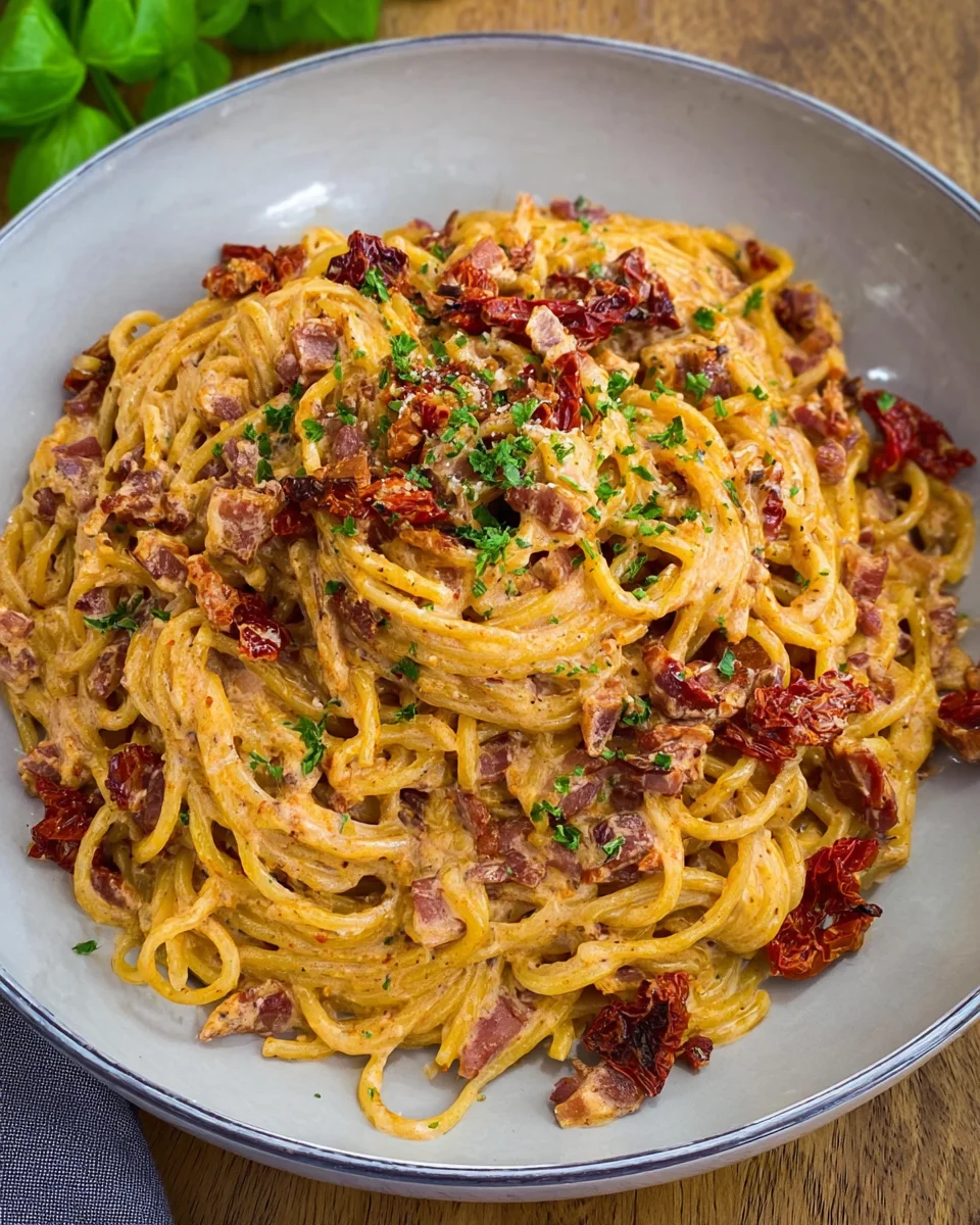 Spaghetti mit karamellisierten Zwiebeln, Speck und getrockneten Tomaten