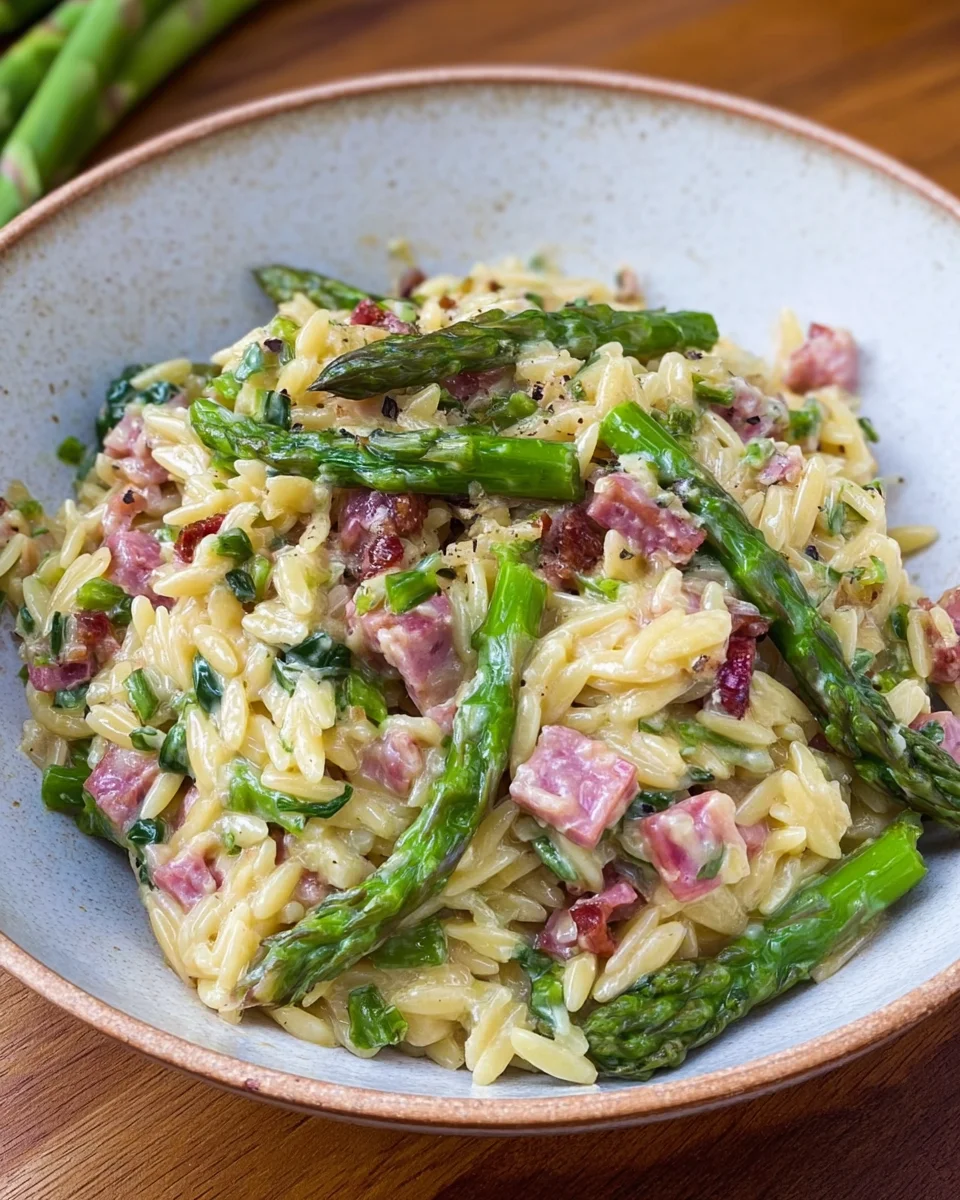 Spargel Orzo Pasta mit Schinken