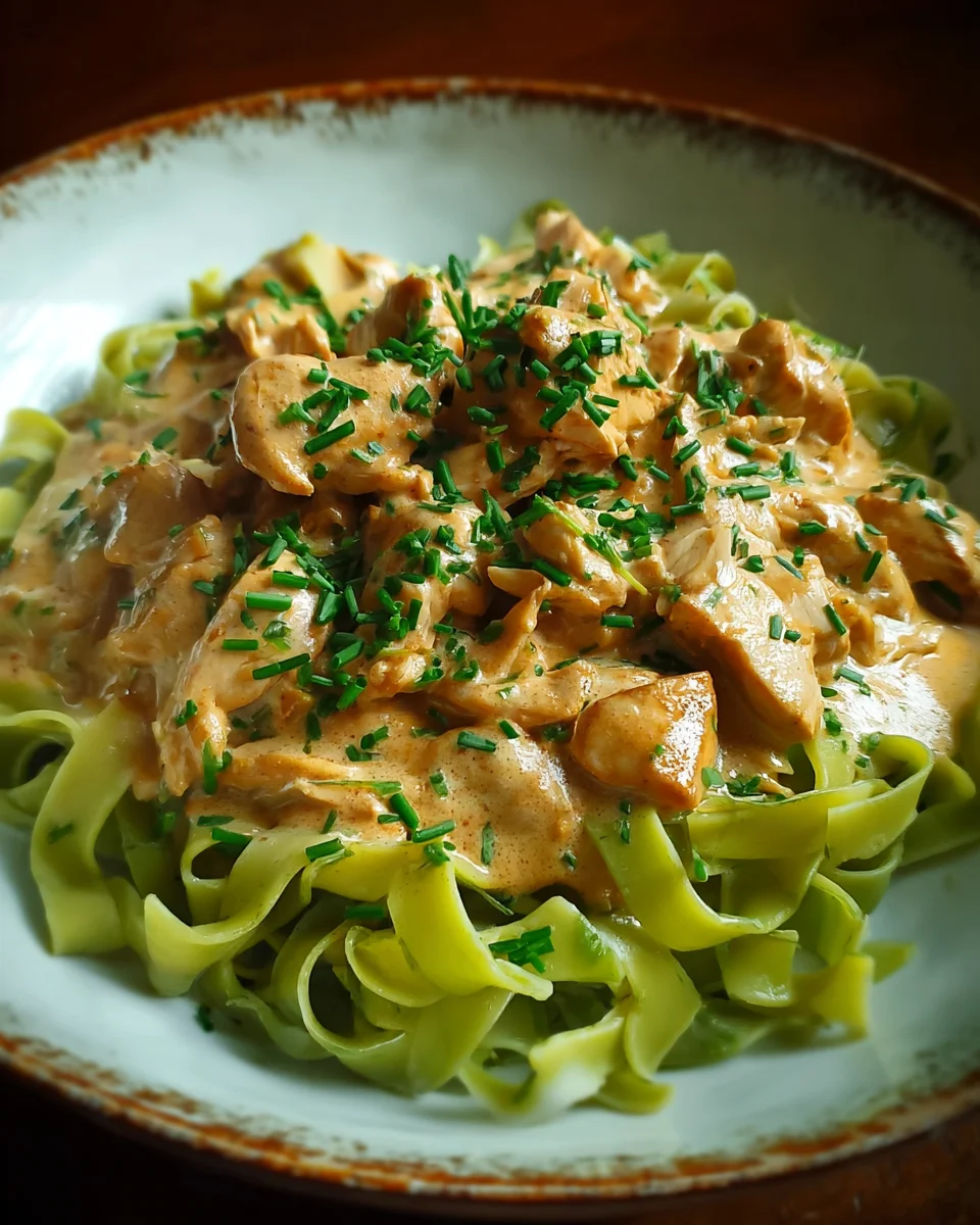 Cremiges Hähnchenragout mit Bandnudeln