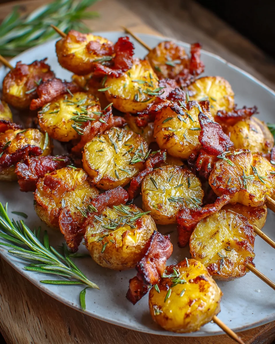 Knusprige Smashed-Potato-Bacon-Spieße mit Rosmarin