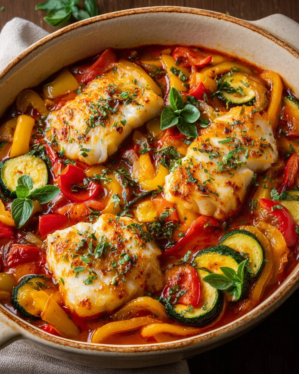 Mediterraner Fischauflauf mit Kabeljau, Paprika & Zucchini