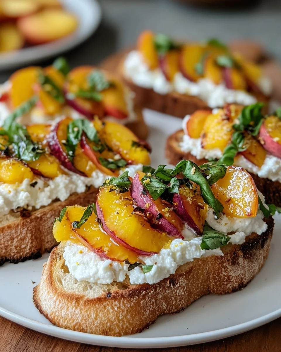 Pfirsich Bruschetta mit geschlagenem Ricotta für den Sommer